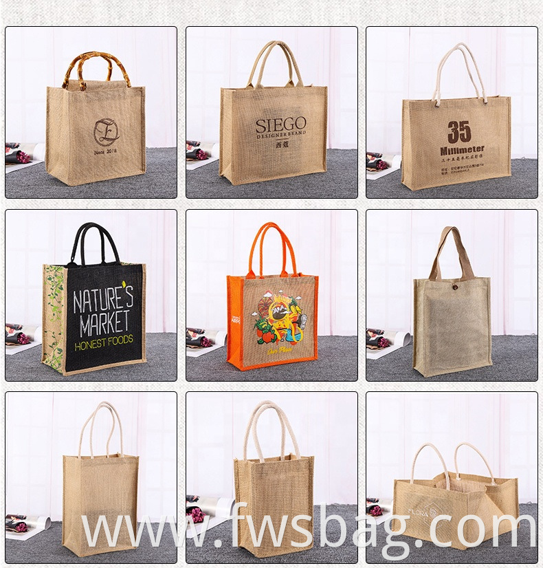 Eco Custom Print Logo Tote Bags Groceries Delivery Burlap Flax Natural Jute Shopping Bag Printed6